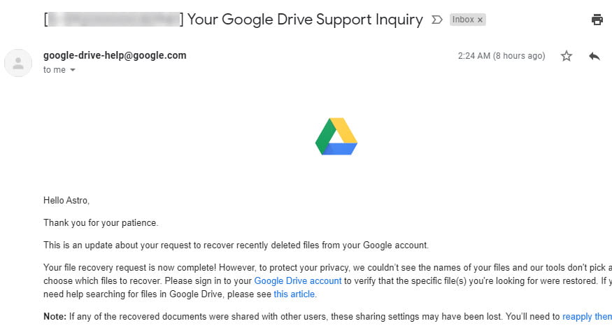 deleted google drive files recovered successfully