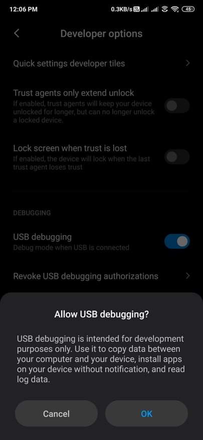 enable usb debugging