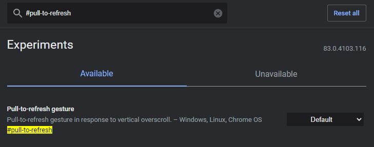 Pull to refresh webpage chrome flag