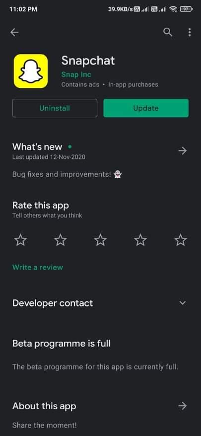 update snapchat play store