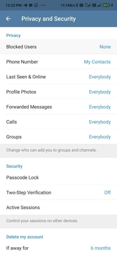 privacy and security settings telegram