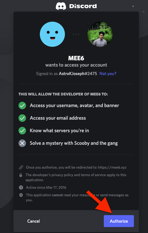 Authorize MEE6 on Discord