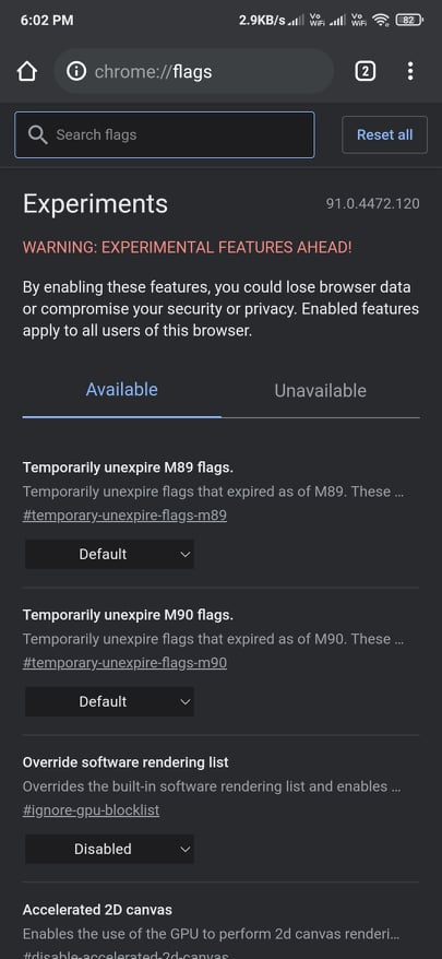 Google Chrome Flags Page on Android