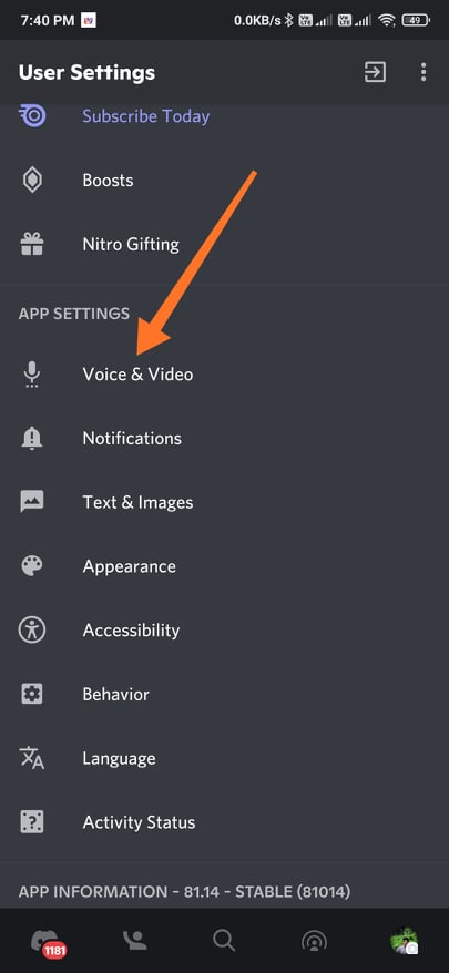 Voice & Video Settings on Discord App
