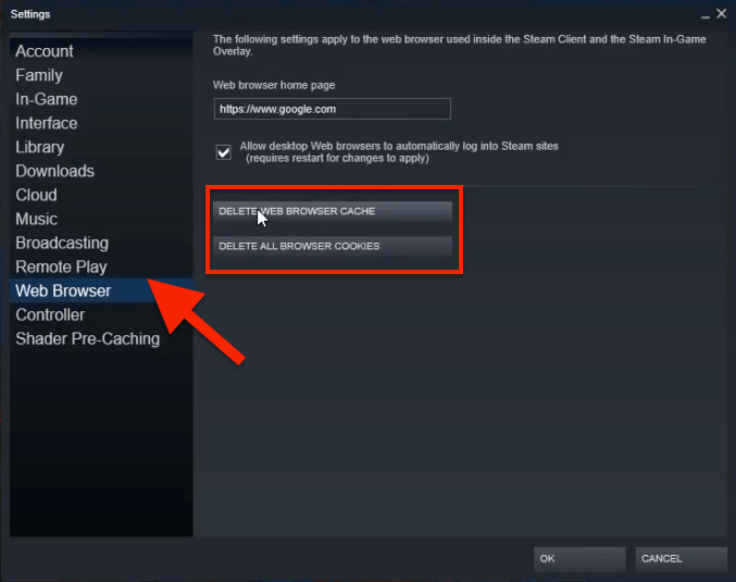 Delete Steam Cookies and Cache