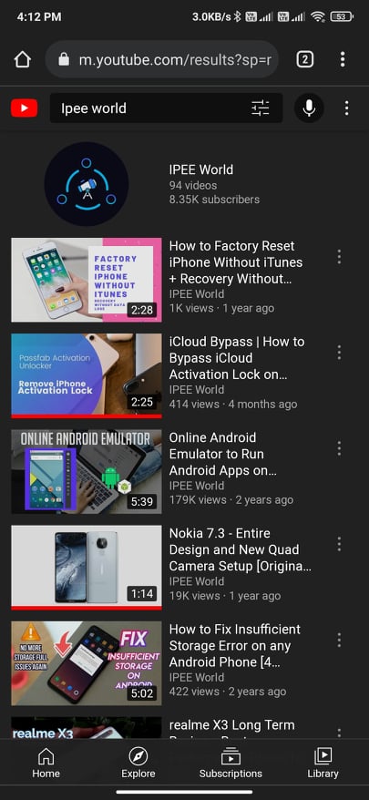 Youtube mobile website