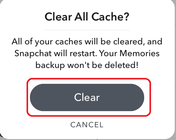 snapchat clear cache confirmation
