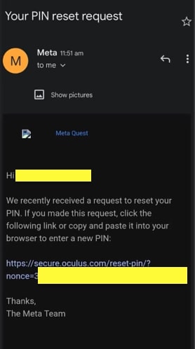 Oculus PIN Reset Email