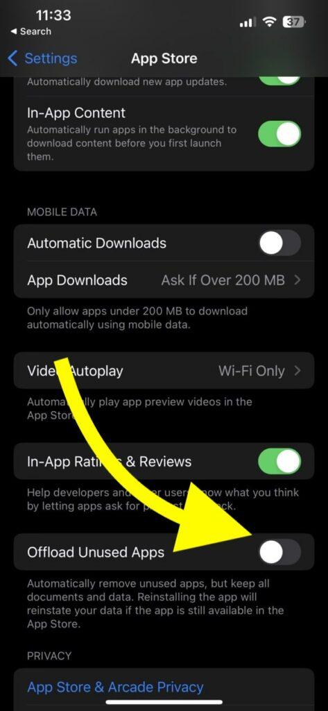 Disable offloas unused apps iPhone
