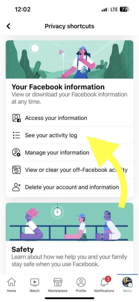 Facebook activity log on the app