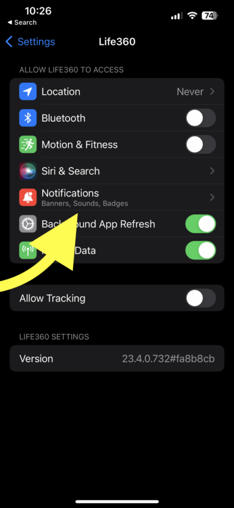 life360 notification setting