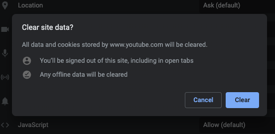 confirm clearing youtube data