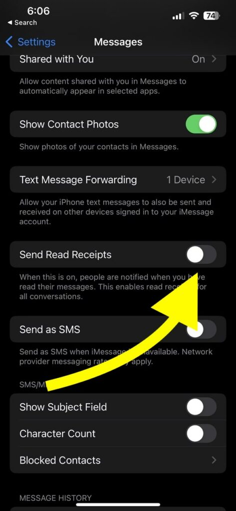 disable Send Read Receipts on imessage